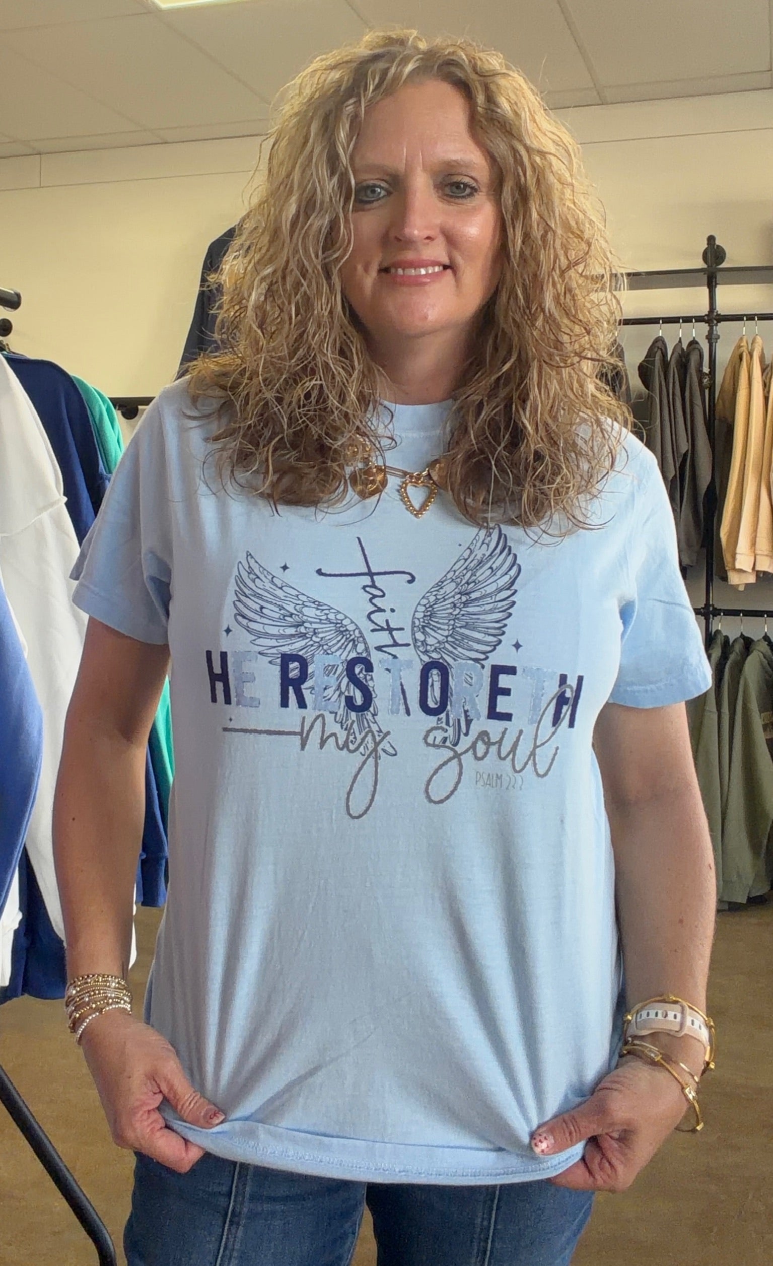 He restoreth my soul light blue tee