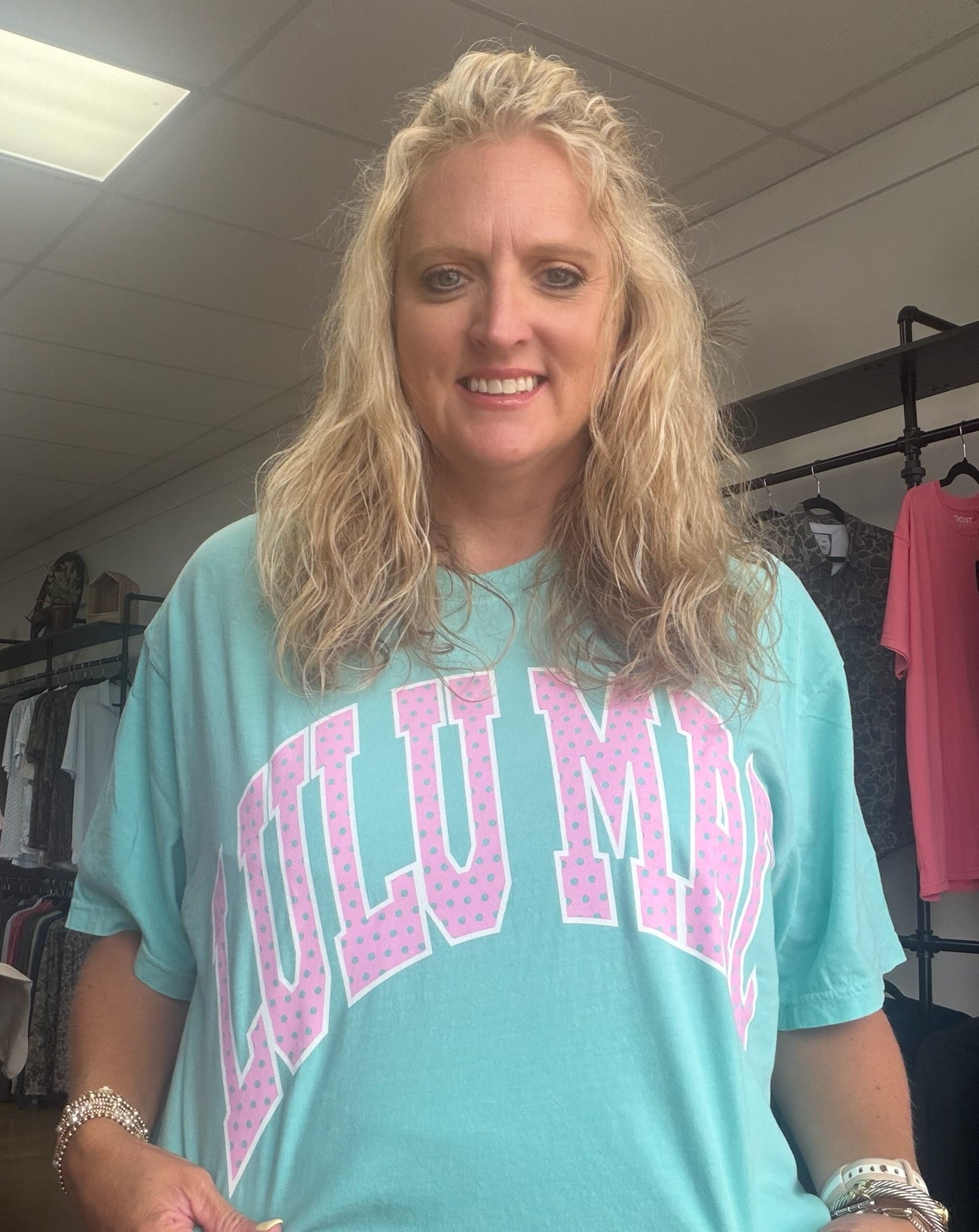 Lulumac green/ pink polka dot tee