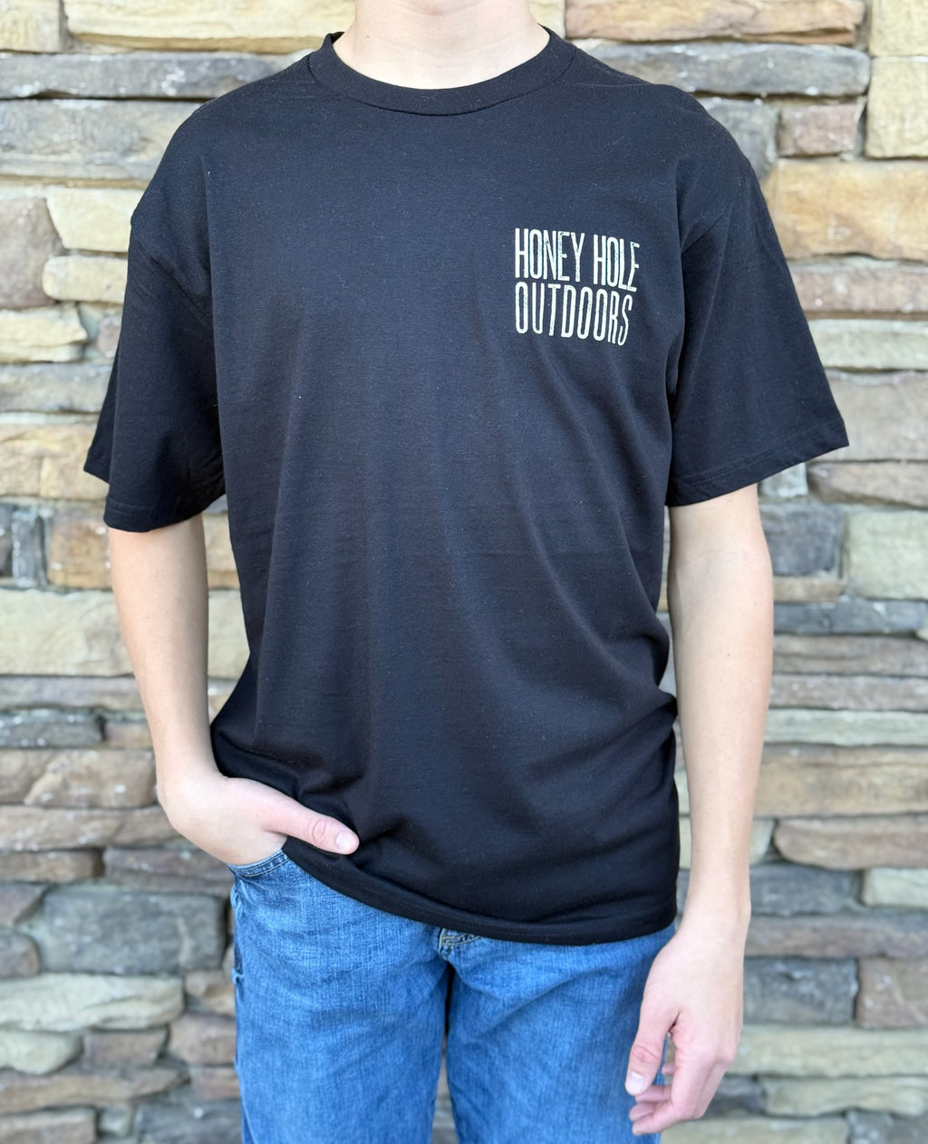 Honey hole camo crappie black tee