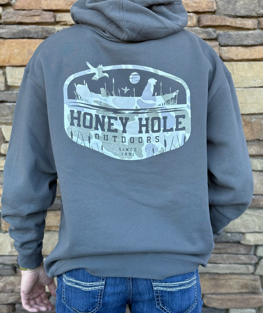 Honey Hole grey boat buddy hoodie