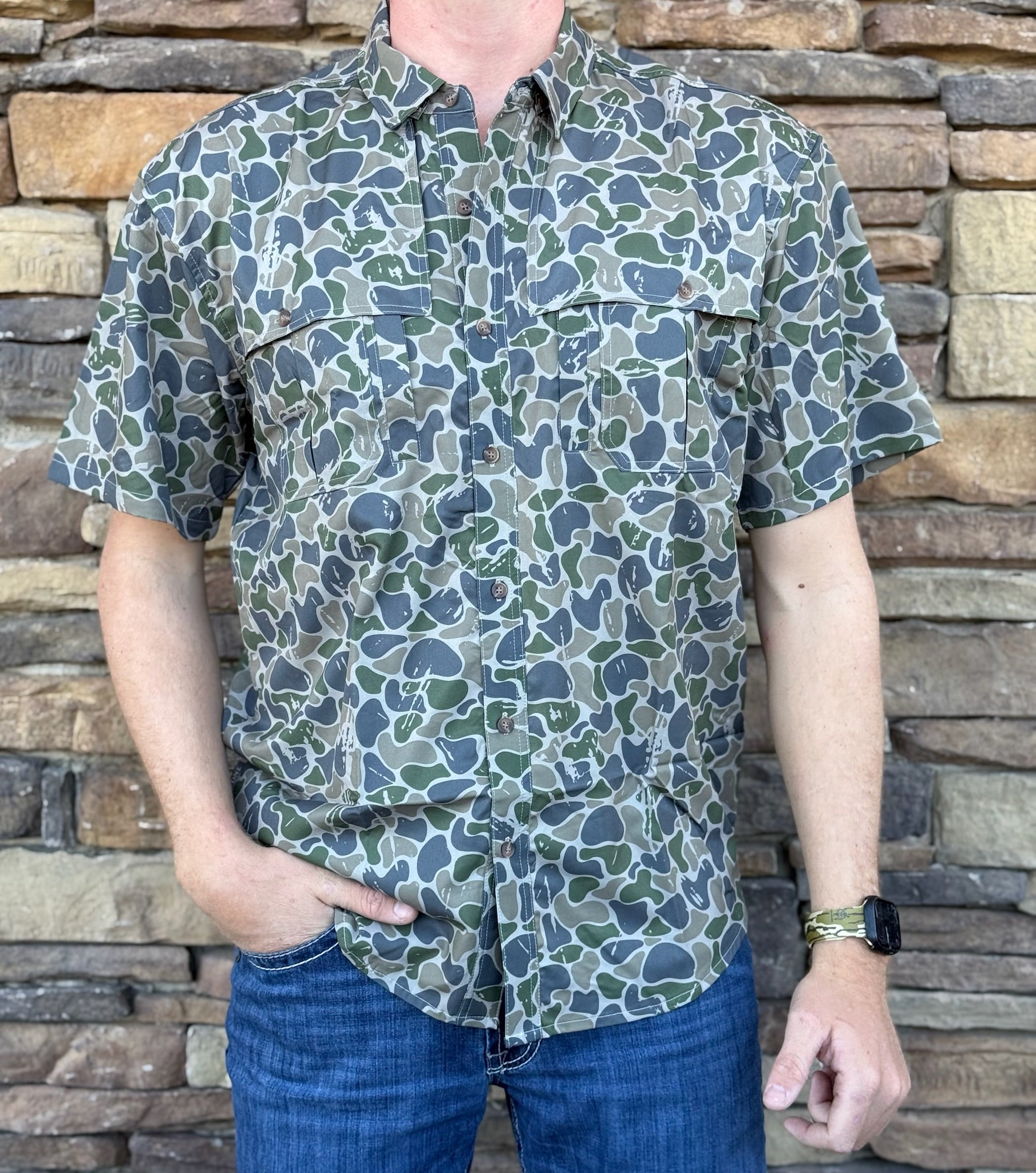Roost backwoods camo button down shirt