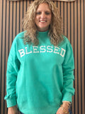 Teal “Blessed” mock neck