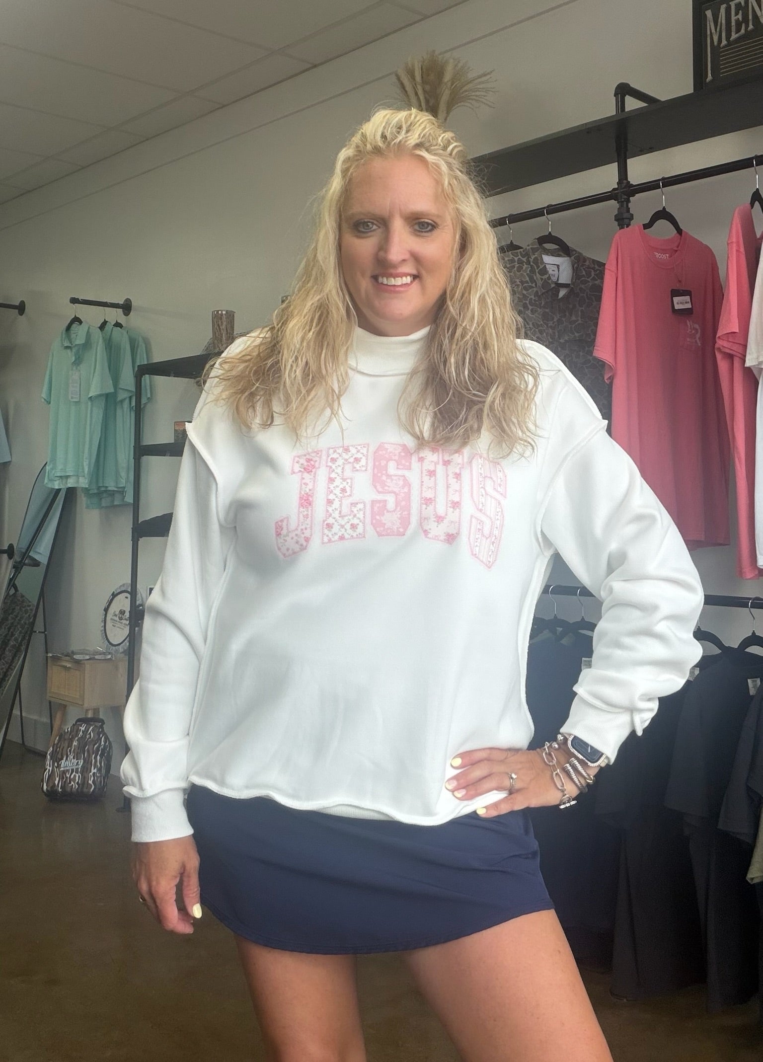 Jesus white mock neck sweatshirt