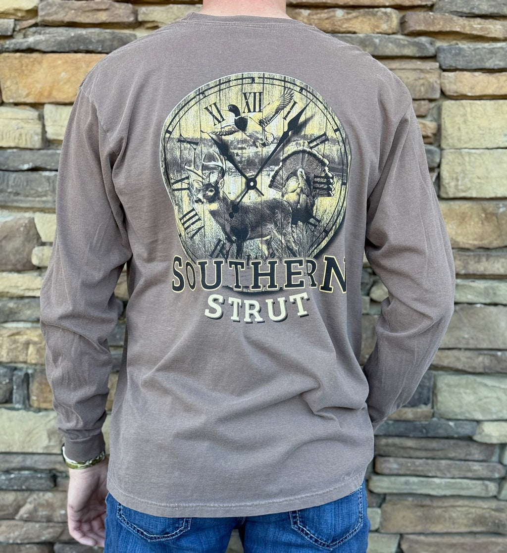 Southern Strut hunting around clock long sleeve tee