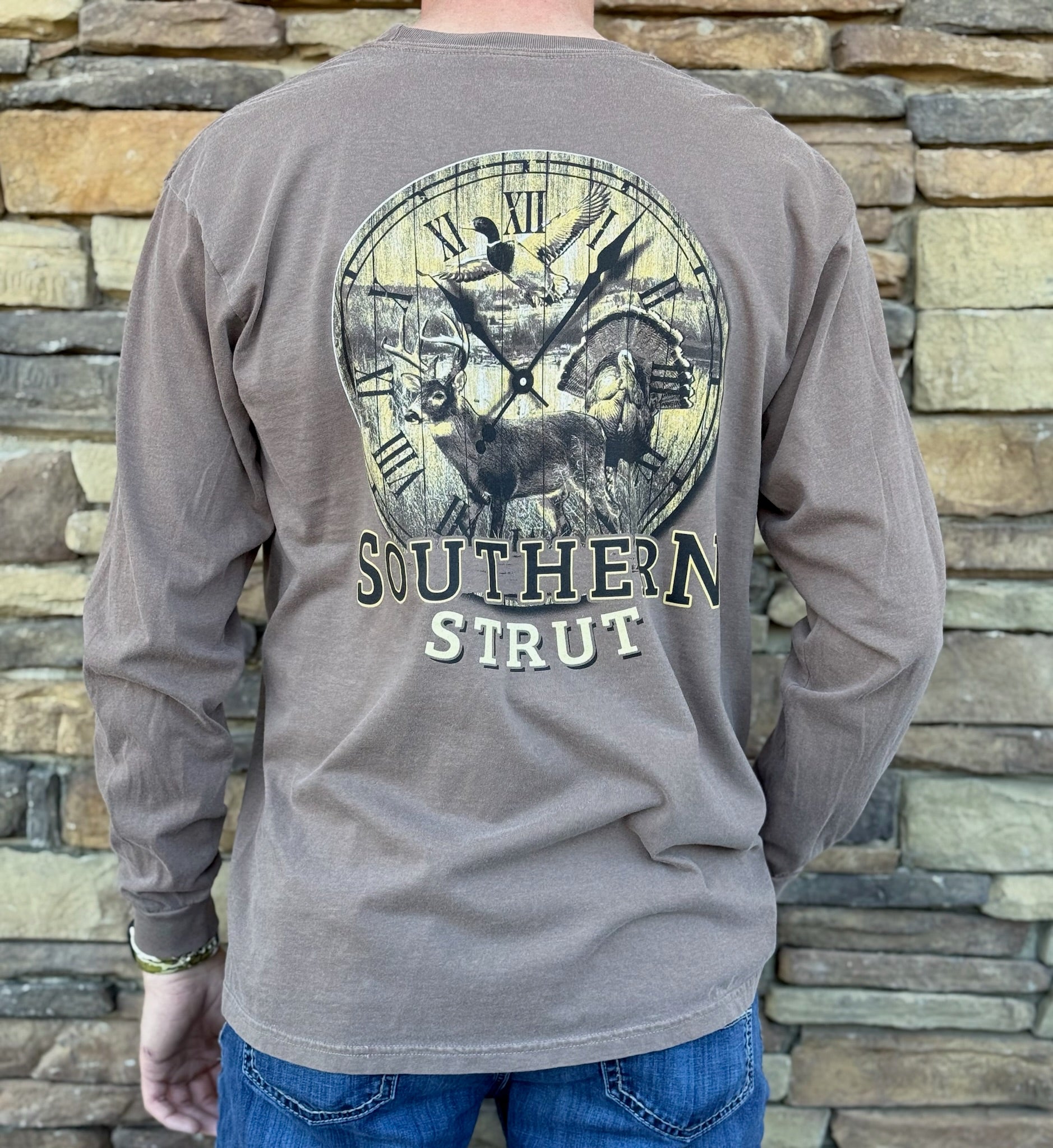 Southern Strut hunting around clock long sleeve tee