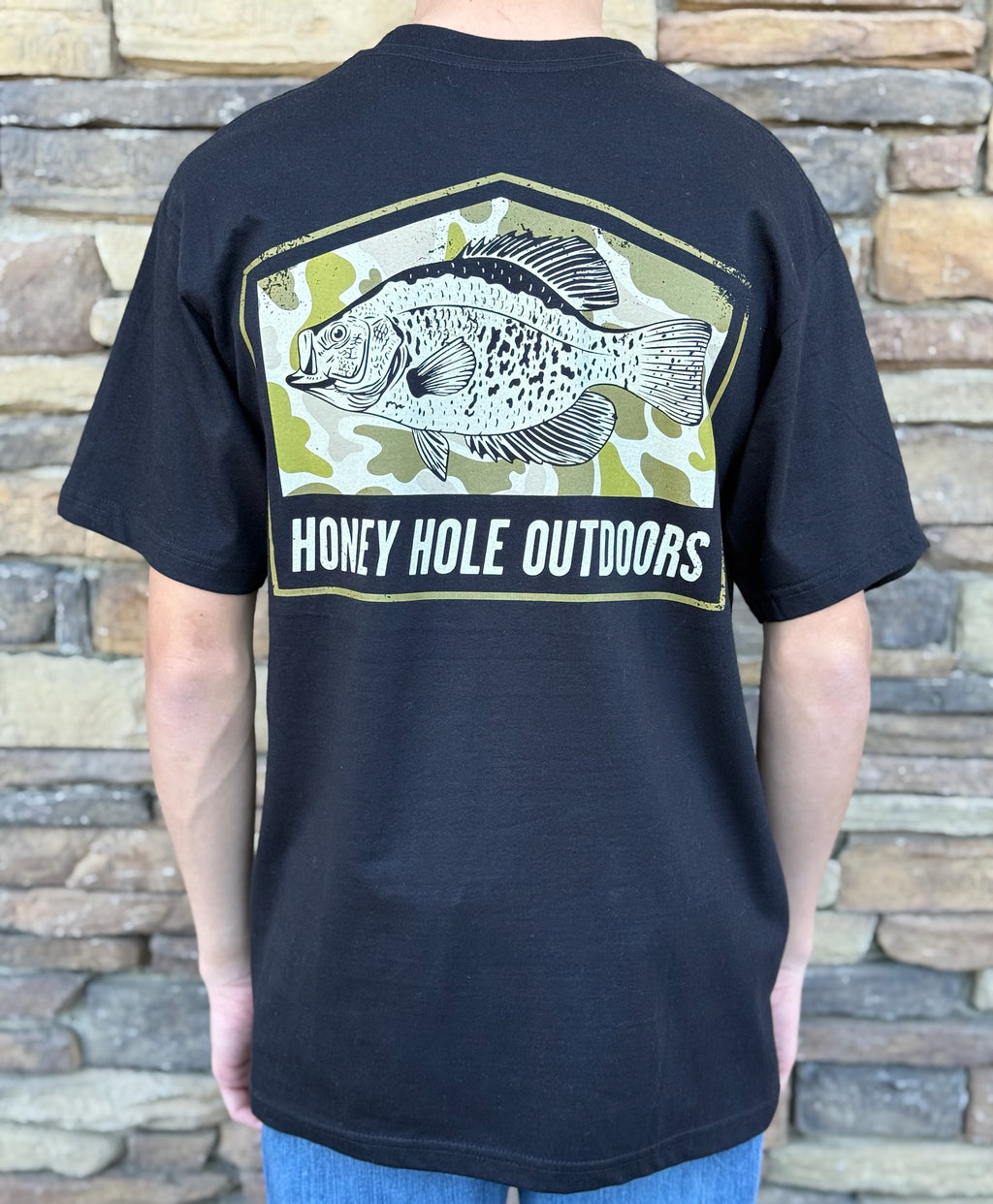 Honey hole camo crappie black tee
