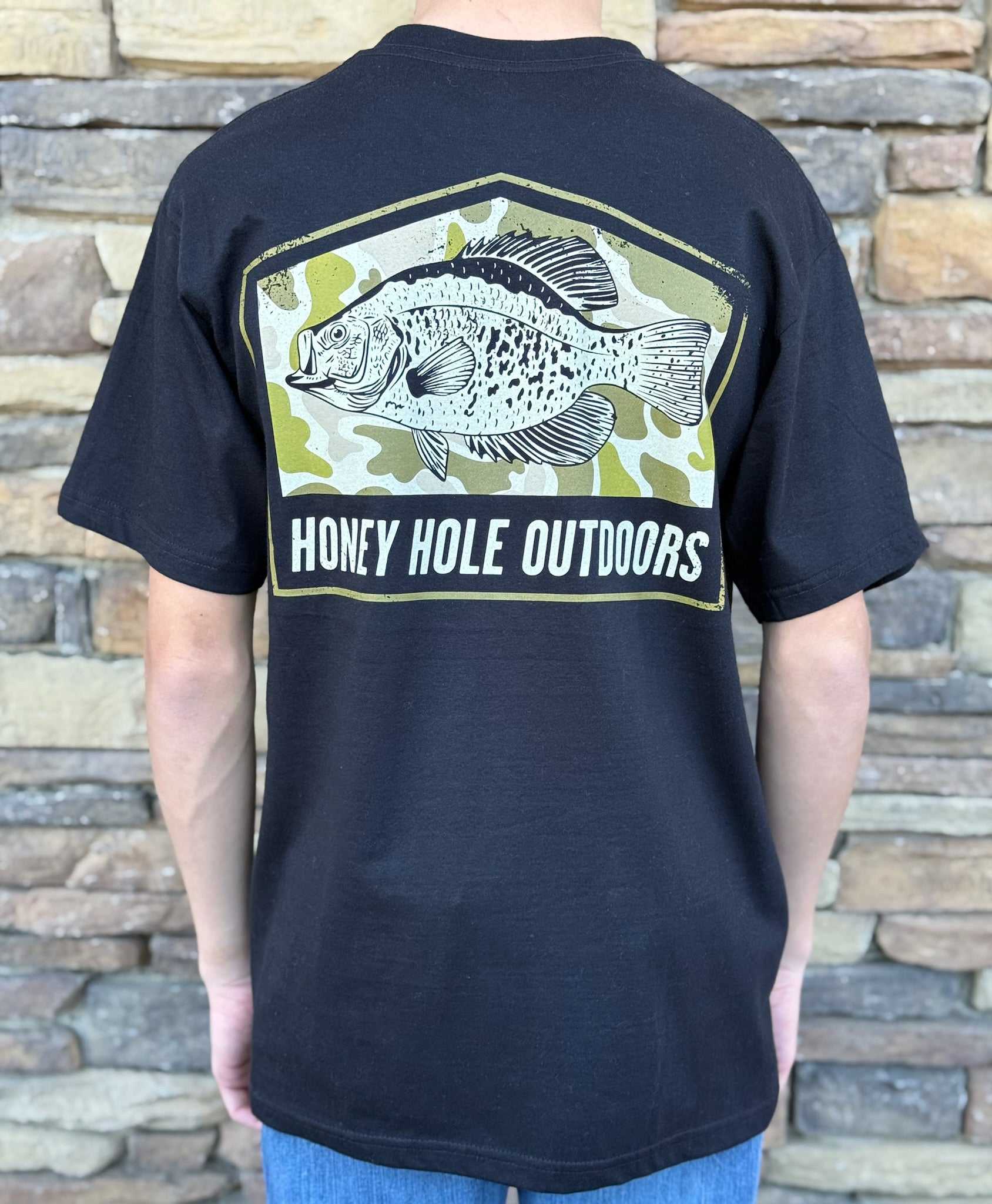 Honey hole camo crappie black tee
