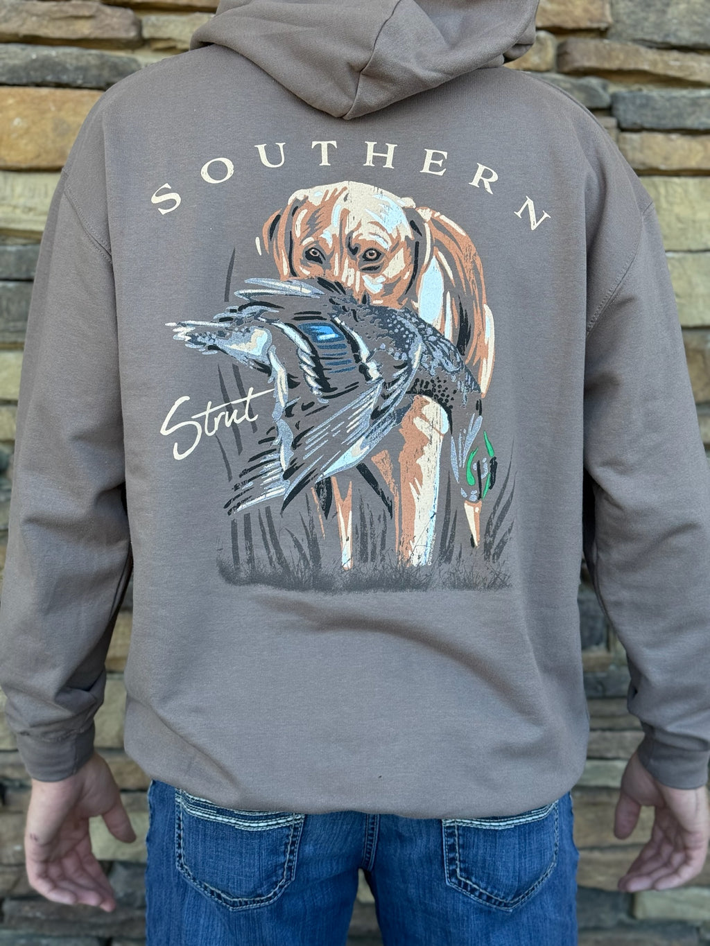 Southern Strut dog and duck brown hoodie